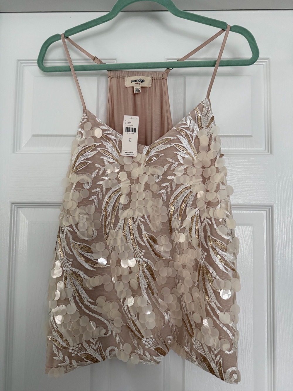 Anthropologie Women's Sequin Embellished Cami Tank Top - Nude - L